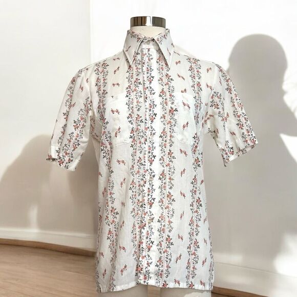 Vintage Montgomery Ward Tan Floral Ditsy Button Down Blouse Small - Picture 1 of 6